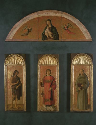 Saint Laurent entre Jean-Baptiste et Saint Antoine de Padoue, dans la lunette Madone et Enfant avec Anges - Giovanni Bellini